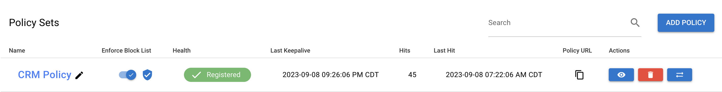 Screenshot showing a policy registered
