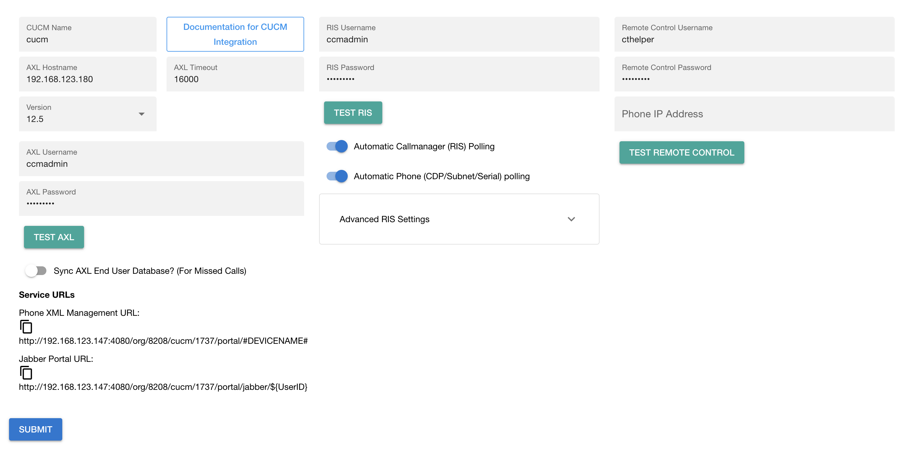 Screenshot showing the Cisco Callmanager Jabber URL