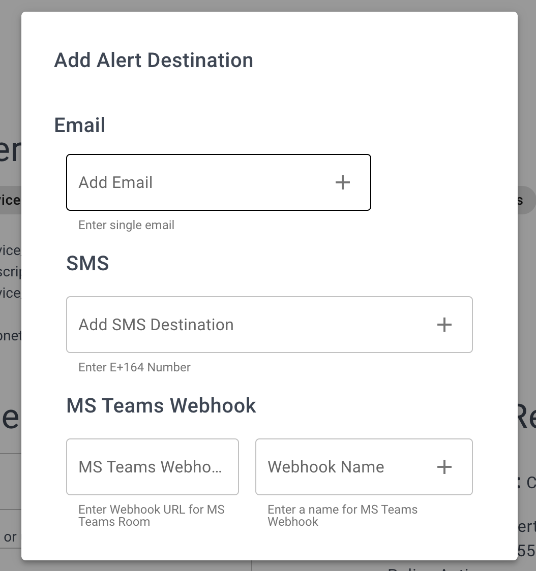 Screen showing rule alert types available