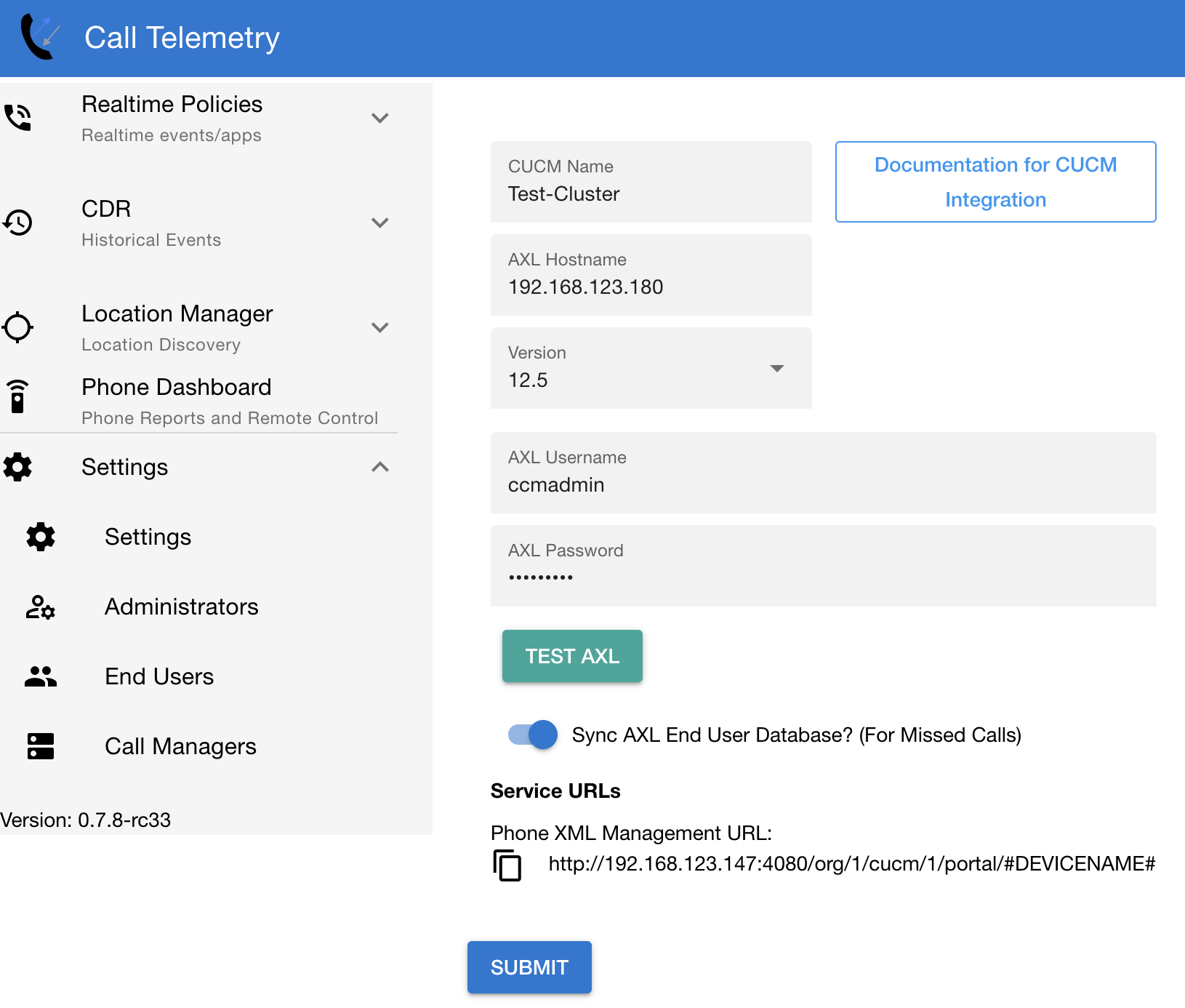 Screenshot showing Cisco Callmanager Service URL